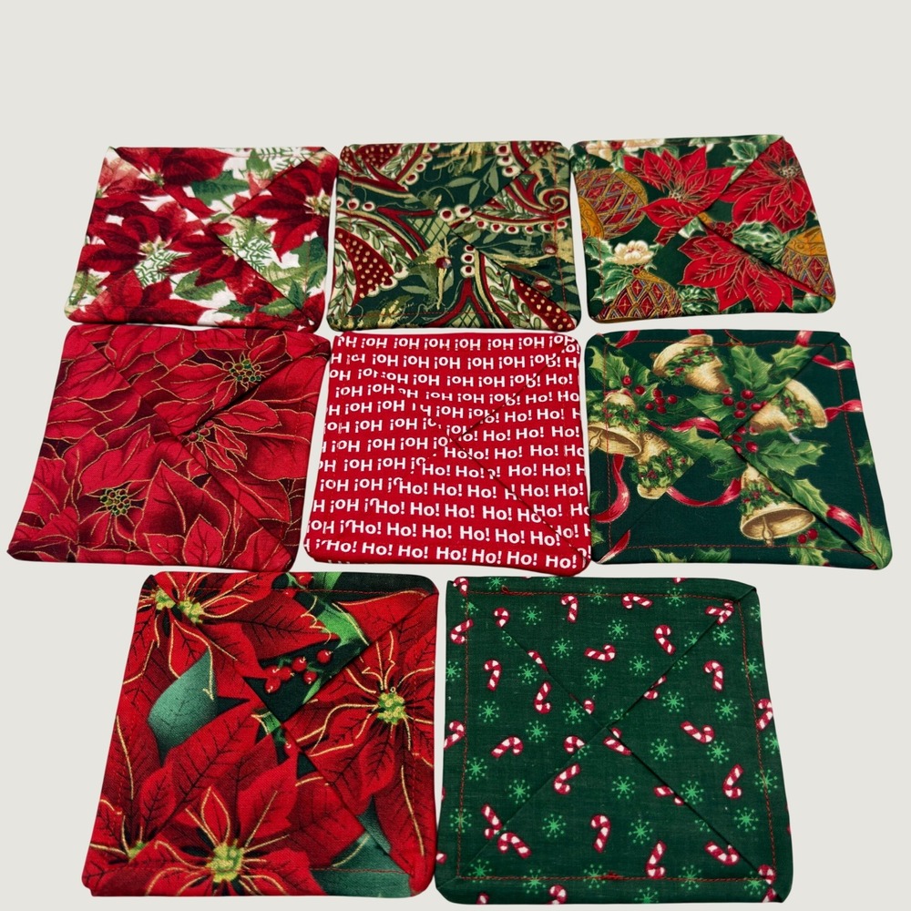 Christmas Fabric Coasters Set of 8 Handmade Quilted Poinsettia Holiday Custom